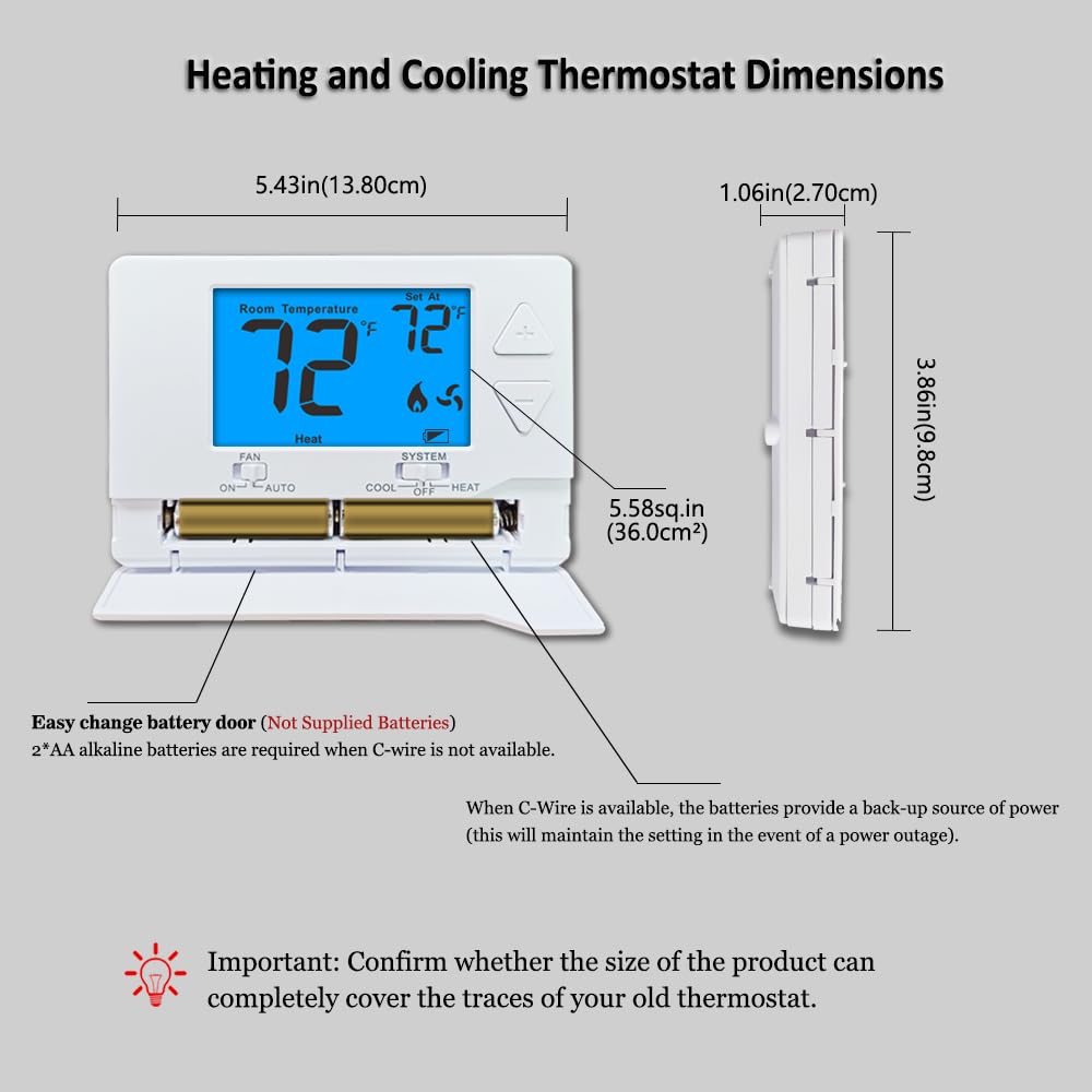 Termostato per sistemi monostadio non programmabili, 1 calore/1 freddo, facile installazione fai da te, retroilluminazione blu