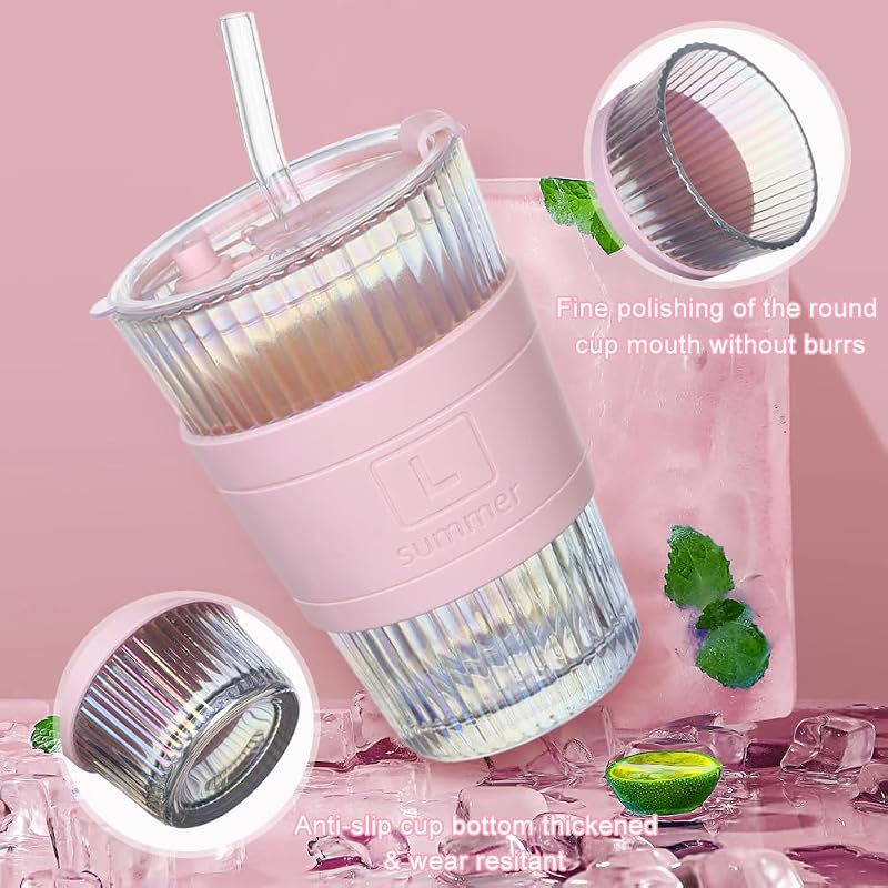 UHAPEER 420ml Hullám Mintás Üveg Pohár Tetővel és Szívószállal, 2 db Szett
