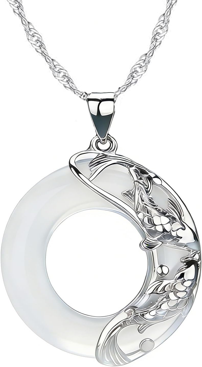 Mothers Day Gifts White Jade Necklace for Women, Koi Fish Circle Jade Pendant Necklace Harmony Good Fortune Pendant Healing Jewelry for Mom Wife