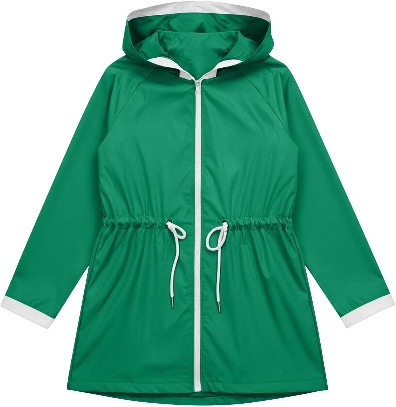 Womens Drawstring Waist Rain Jacket Long Sleeve Windbreaker Hooded Coat Fall Winter Outdoor Outerwear with Pockets