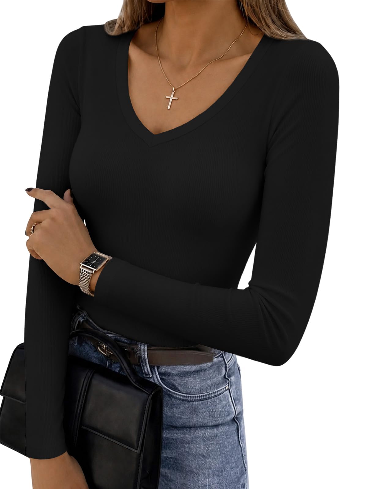 Cuptacc Langarmshirt Damen V Ausschnitt Modal Top Slim Fit Basic Pullover | Soft Modal,V Neck,Enganliegend,Stretch,Langärmlig,Feine Gerippte,Casual,Elegante,Weich,Komfort,Vielseitig