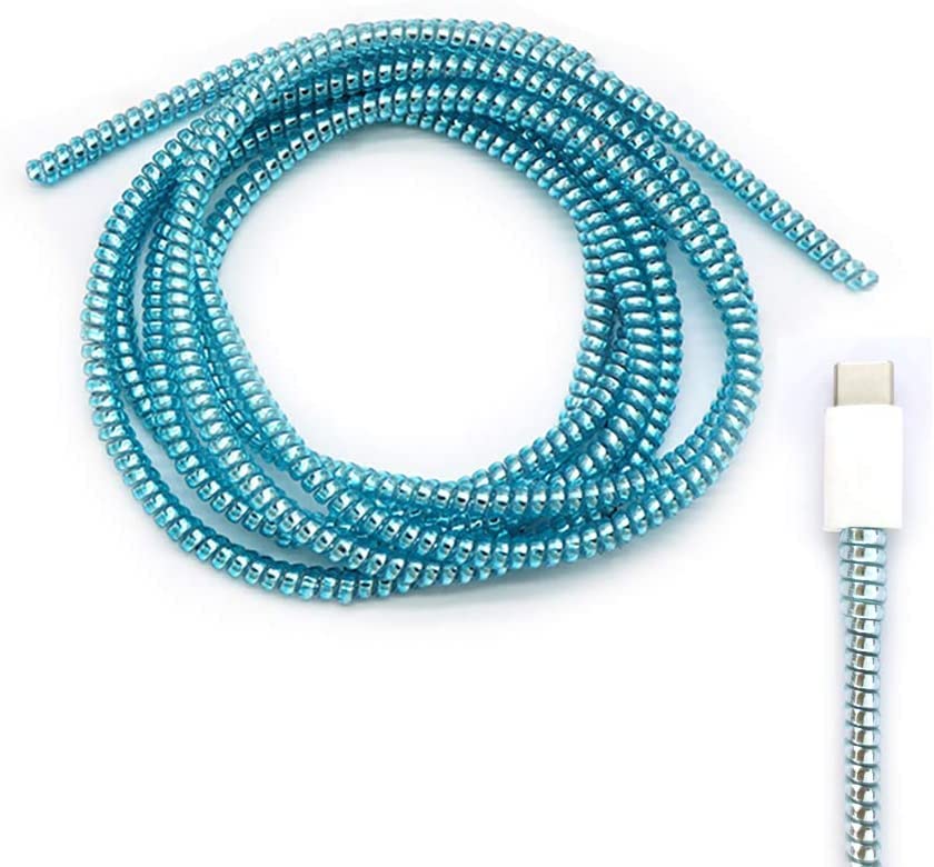 Image of Spiral Cable Protector, 150cm Cord Organizer for iPhone and Android Cables, Headphone and Charger Wire Protection Cover, Universal Device Compatible (Metallic Light Blue)