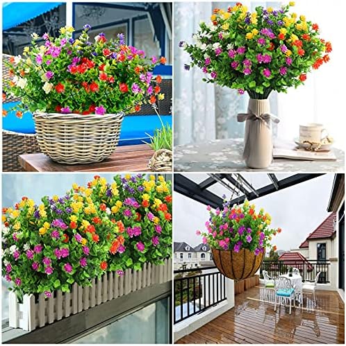 12 Bundles Artificial Flowers for Decoration, 6 Colors UV Resistant Fake Flowers Bouquet Outdoor Indoor, Plastic Shrubs Plants for Hanging Home Garden Porch Window Wedding Party DecorMulticolor