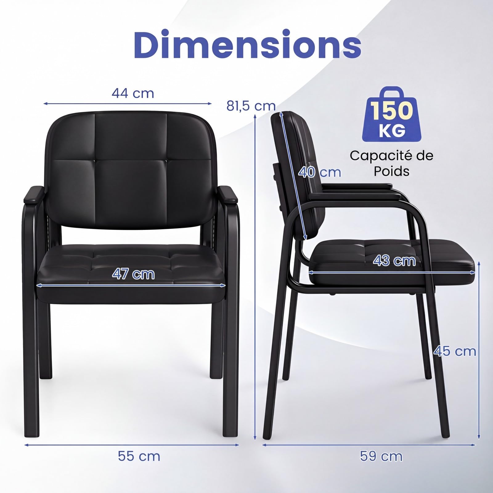 COSTWAY Lot de 2 Chaises Salles de Réunion, Chaises de Bureau en Cuir avec Accoudoirs Rembourrés, Structure Métallique, Fauteuil Lecture pour Salles de Conférence, Réception, Charge 150 kg, Noir