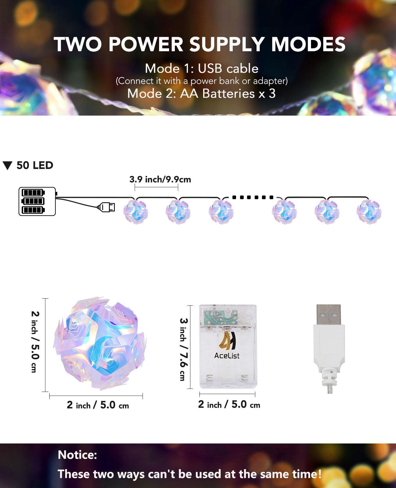 AceList Guirnalda de 50 luces LED holográficas iridiscentes de 16.4 pies, encantadoras luces de bola de discoteca, luces de hadas alimentadas por USB y pilas, decoraciones de fiesta iridiscentes para