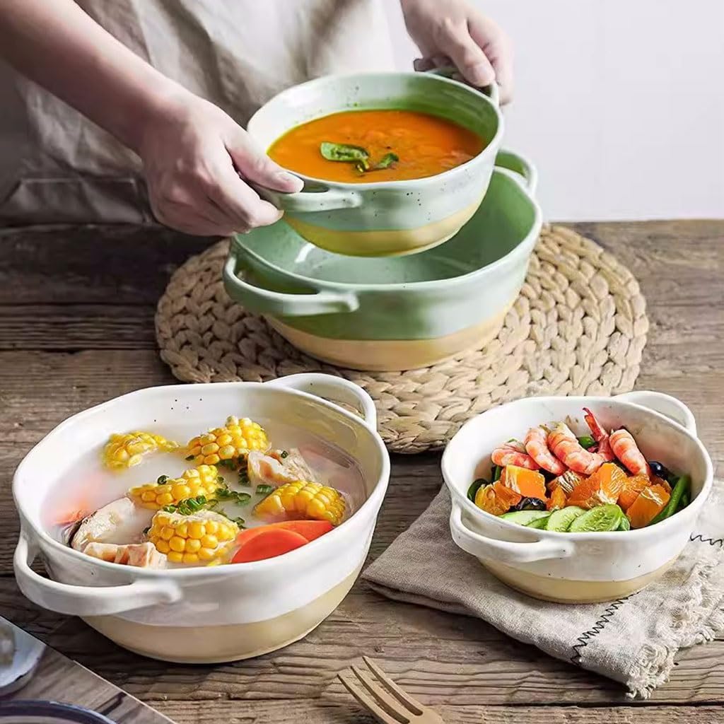 Miski do Ramen Miska na owoce Japońska miska na zupę z dwoma uszami Natychmiastowa miska na makaron domowa ceramiczna duża miska na zupę z miską śrubową miska do sałatki talerze obiadowe (zielony, 620