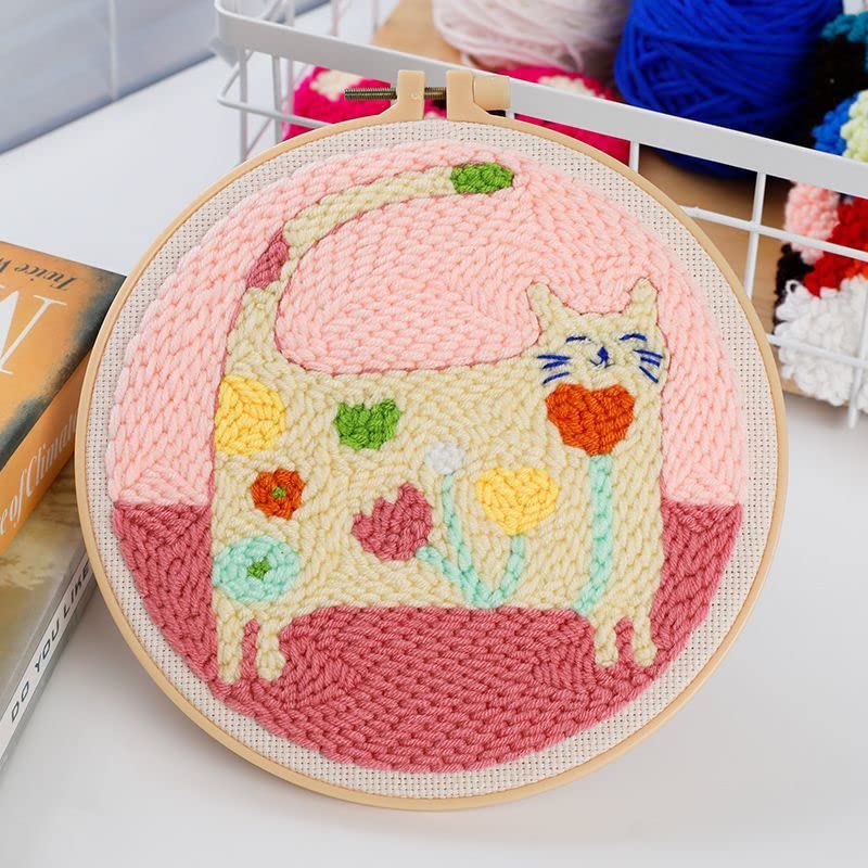 Easy Flower Cat Embroidery Starter Kit for Kids & Adults Beginners - Punch Needle Tool, Threader, Stamped Fabric, Hoop, Yarn Rug