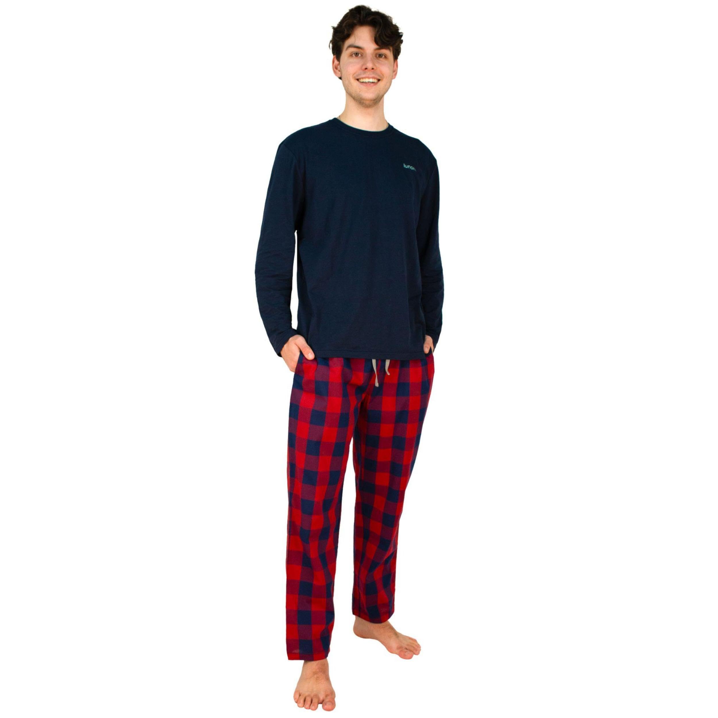 lunon Fleece Pyjamas Men's Long Pyjama Set, Fleece, Long Sleeve, Pijama for Men, Timeless Design, Suitable for Winter and Summer (2-Piece Set), red, M