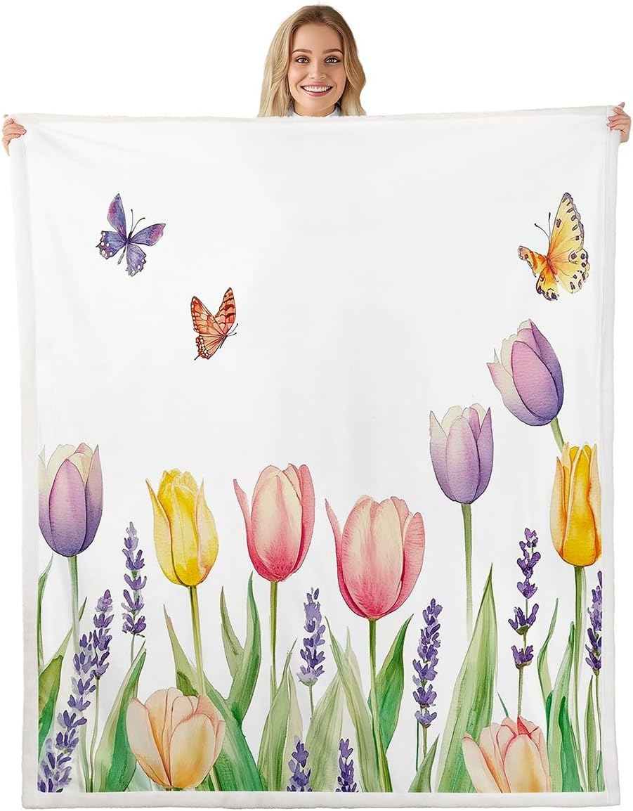 Feelyou Tulip Fleece Throw Blanket Queen 90"x90" Kids Floral Flower Plush Sherpa Blanket Fuzzy for Boys Girls Teens Blossom Flowers Pattern Print for Bed Couch Chair Breathable Natural Theme
