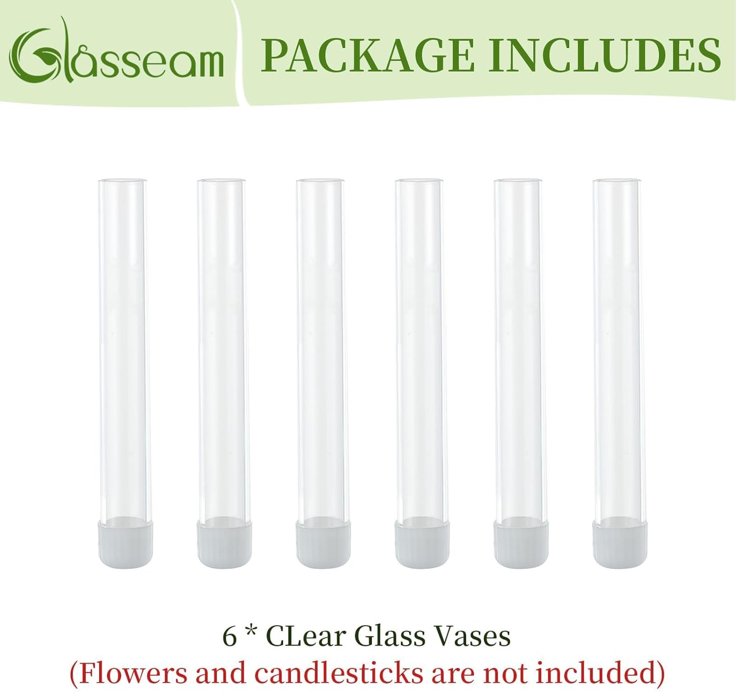 Glasseam Glass Bud Vase for Flowers: 6pcs Clear Small Vases for 22mm Candlestick Taper Candle Holders - 5.9" Skinny Table Centerpieces with Silicon Case for Tablescapes, Wedding Gift and Home Decor