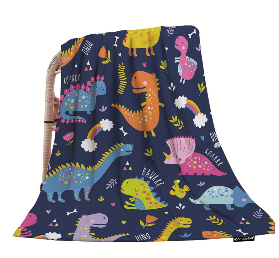 HGOD DESIGNS Dinosaur Throw Blanket,Cute Funny Colorful Kids Dinosaurs with Rainbow Pattern Soft Warm Decorative Throw Blankets for Adults Kids Women Men Girls Boys,60"x80"