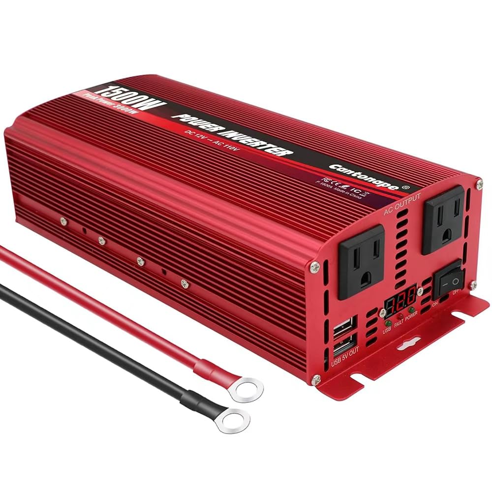 Cantonape 1500W DC 12V to 110V/120V AC Power Inverter with Dual AC Outlets Dual 3.1A USB Car Adapter for Car Home Truck Outdoor Red