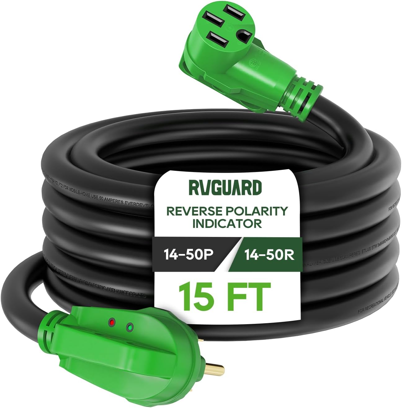 RVGUARD 50 Amp 15 Foot RV/EV Extension Cord with Reverse Polarity Indicator, NEMA 14-50P/R Heavy Duty Extension Cord with Cord Organizer, Green, ETL Listed