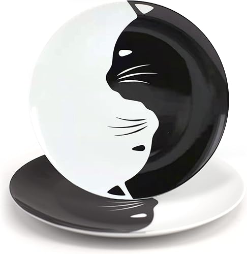 Juego de platos de porcelana de gato blanco y negro, el mejor regalo para los amantes de los gatos (juego de platos llanos de 10.5 pulgadas)