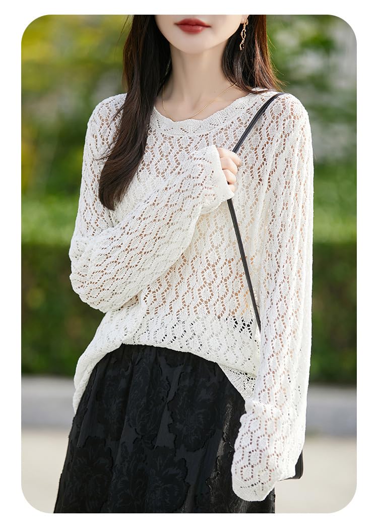 Maglia Donna Elegante Top Estivi da Donna all'Uncinetto Maglioni Leggeri in Lino A Maglia Maniche Lunghe Maglione Traforato Copricostume da Spiaggia in Maglia per Donna Pullover Traspare