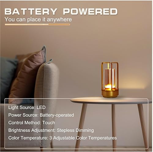 Miniatura 5 de Lámpara de mesa pequeña, lámpara LED recargable inalámbrica a pilas, lámpara de mesita de noche regulable de 3 temperaturas de color para sala de