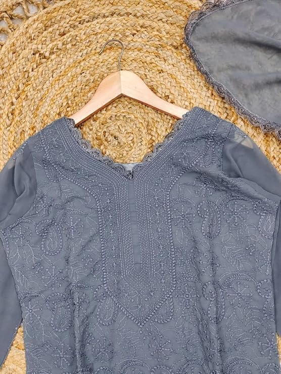Image of Women's Chikankari Embroidered 3 Piece Suit Set in Faux Georgette - Long Gown Style Kurta with Lining with Dupatta