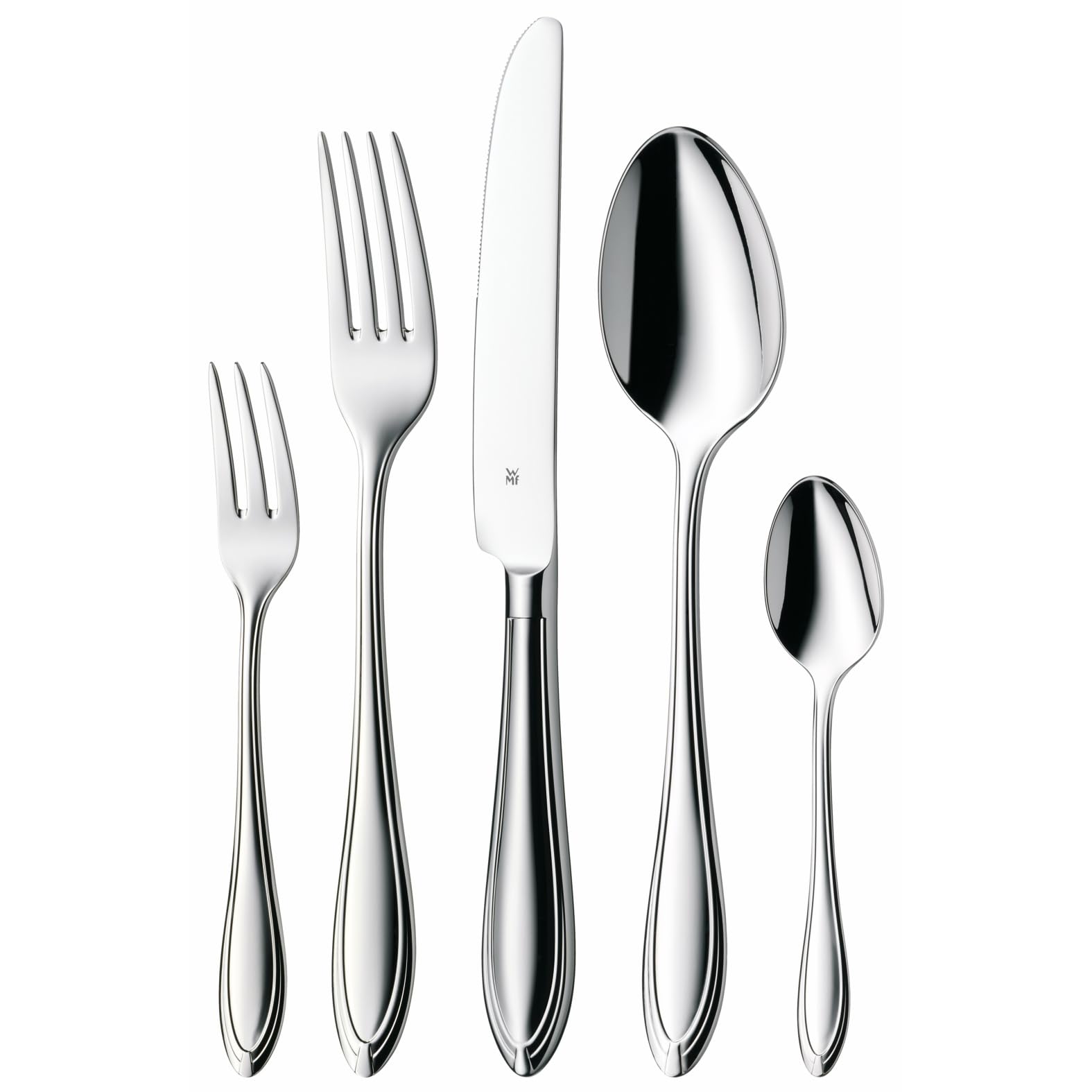 WMF Verona Besteck Set für 6 Personen, je 6 Gabeln, Tafelmesser Monobloc, Löffel, Kuchengabeln, Tee-/ Kaffeelöffel, 30 teilig, Cromargan Edelstahl poliert, glänzend, spülmaschinengeeignet