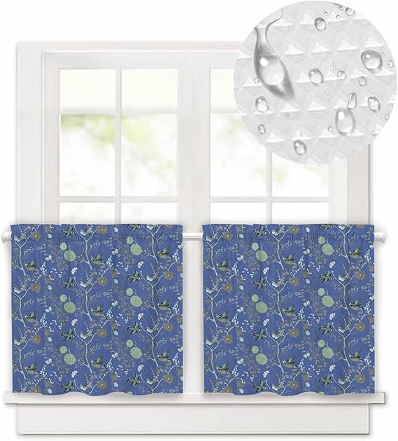 Blue Green Flowers Kitchen Bathroom Window Tiers Curtains