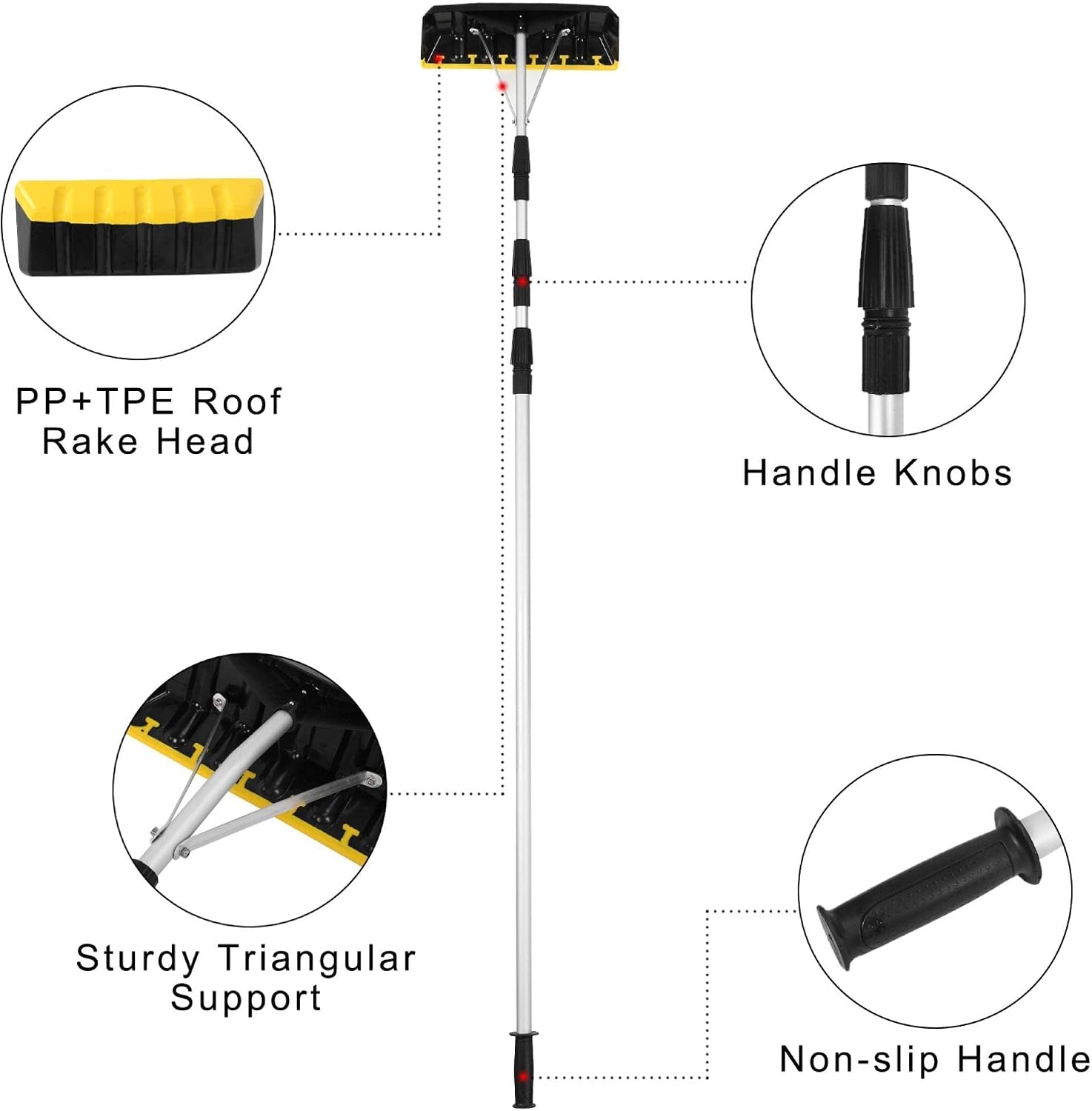 review Extendable Aluminum Snow Rake: Snow Scraper Roof Snow Removal Tool 6.5 - 21Foot Extension, Lightweight for Long or Low-Pitched Roofs