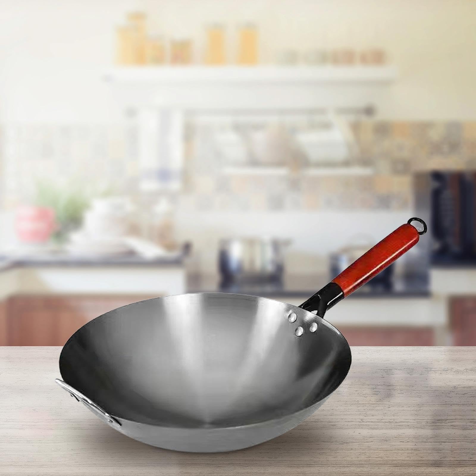 Padella Wok Wok a Fondo Tondo Wok per Cottura Generale con Manico in Legno Cucina a Gas a Induzione Cottura Wok Cinese Padella Antiaderente, 40 Cm