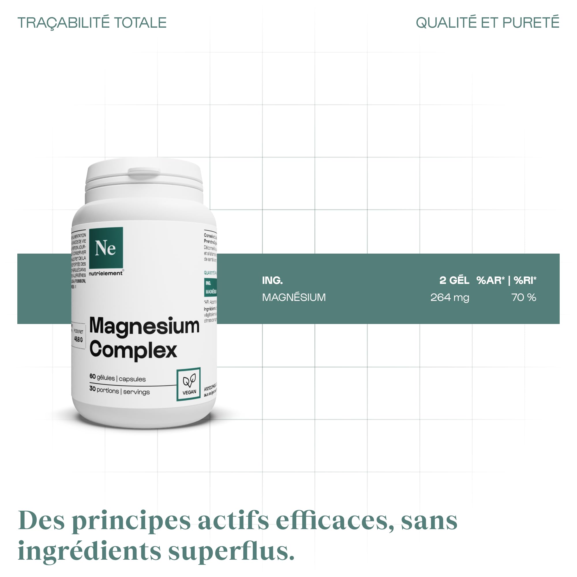 Nutrielement - Magnesium Complex - 60 gélules - L-Pidolate + Citrate de magnésium + magnésium Bisclycinate - Complément alimentaire Fatigue, Système nerveux, Energie - Biodisponibilité élevée