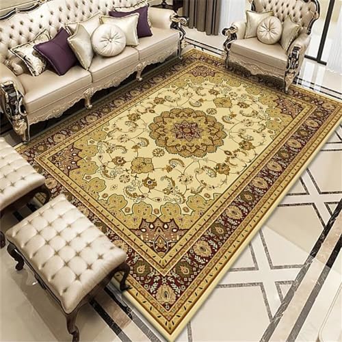 Tapis facile à entretenir jaune à grand motif graphique