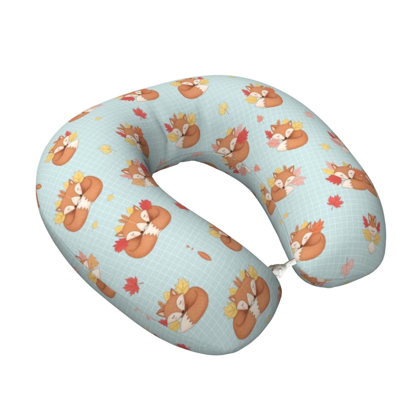 Neck Pillow Fall Maple Leaves Autumn Foxes for Travel and Office, Memory Foam U-Shaped Design for Comfortable Head Support