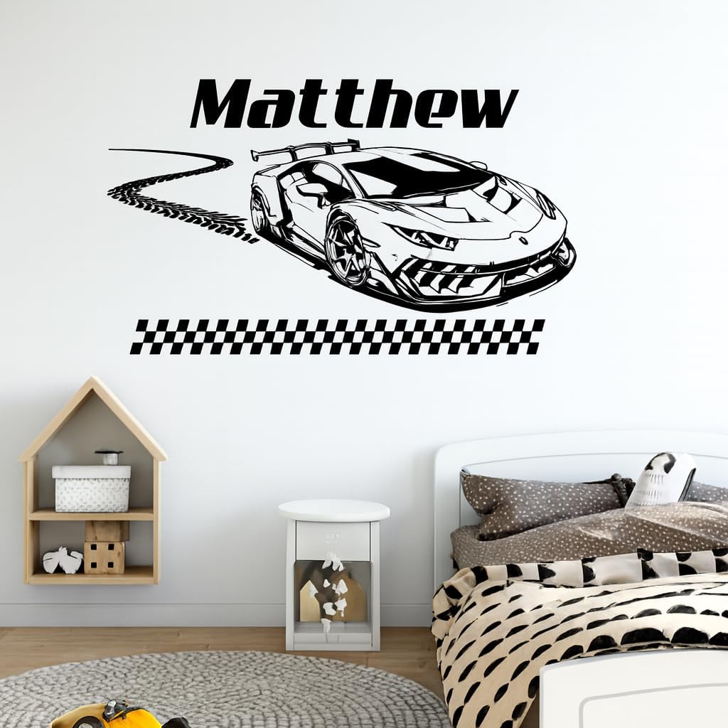 Custom Name Racing Car Wall Decal – Personalized Boys Bedroom Decor – Sports Car Vinyl Wall Sticker with Checkered Flags – Kids Room Racing Theme Decoration Gift