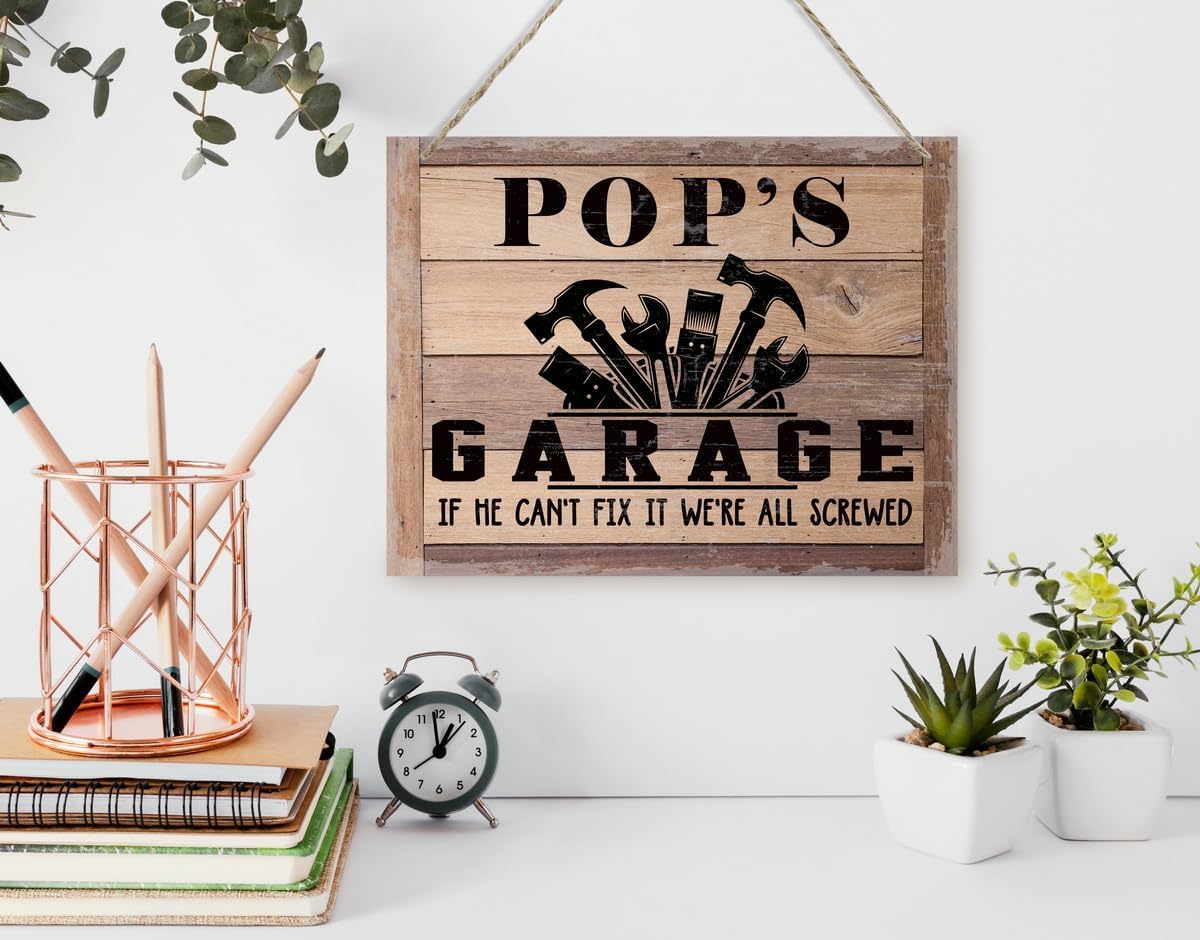 Rustic Sign, Father's Day Gift, Dad's Gift, Grandpa's Gift, Decor Hanging Wood Signs, Printed Wood Wall Art Sign, Pop's Garage, If He Can't Fix It We're All Screwed, Vintage Sign Gift for Grandpa - Image 3