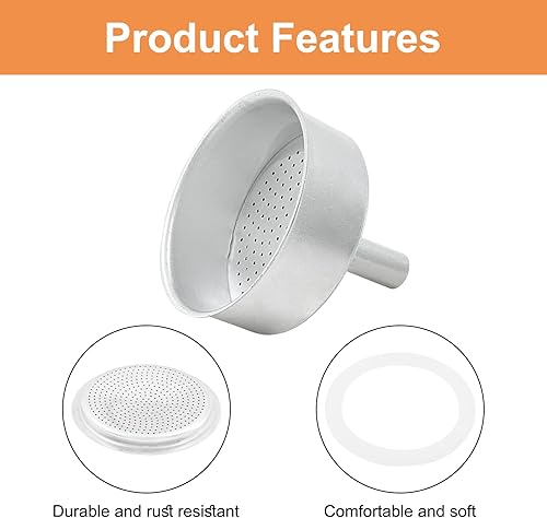 Miniatura 3 de Kit de embudo de repuesto Espresso Moka, 1 embudo de repuesto, 1 filtro de aluminio con 3 paquetes de sellos de junta de repuesto (filtro 2.2