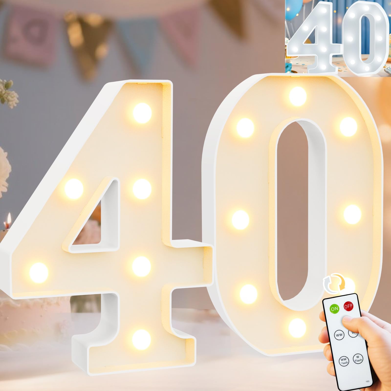 Pooqla 40th Birthday Decorations for Women Men, Decorative Marquee Numbers with Remote, Light Up 40 Sign for Party Backdrop 40th Wedding Anniversary Decor, Warm White and Cool White Number 40