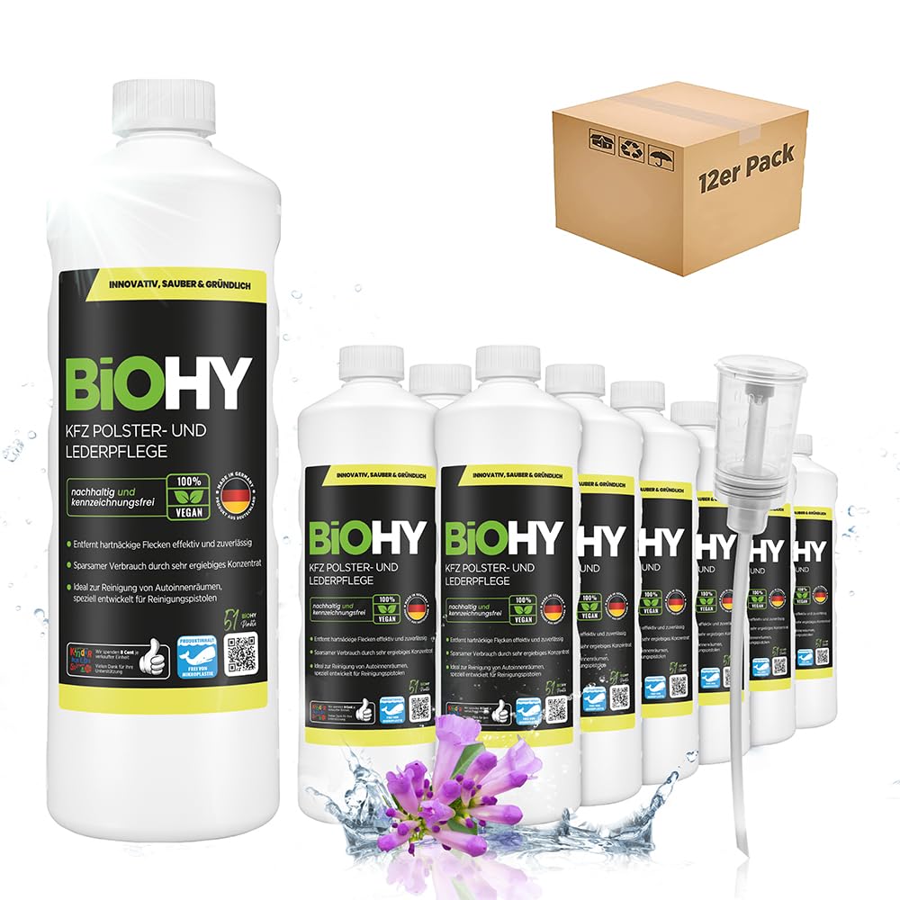 BiOHY Cuidado de tapicería y piel para coche (12 botellas de 1 litro) + Dosificador | limpia todo el interior del | Quitamanchas para asientos de | deja un olor agradable (KFZ Polster)