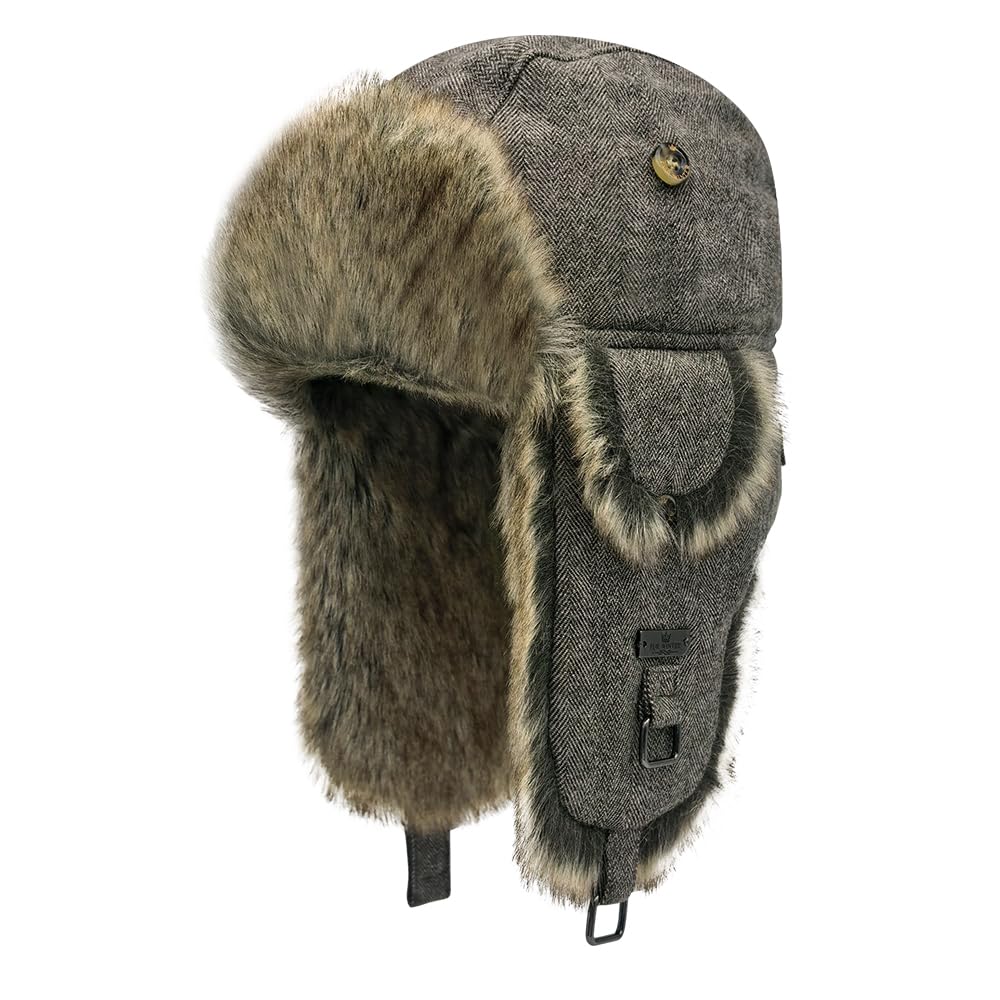 Fur Winter Trapper Hat, Wool Faux Fur Aviator Ski Hat with Ear Flaps