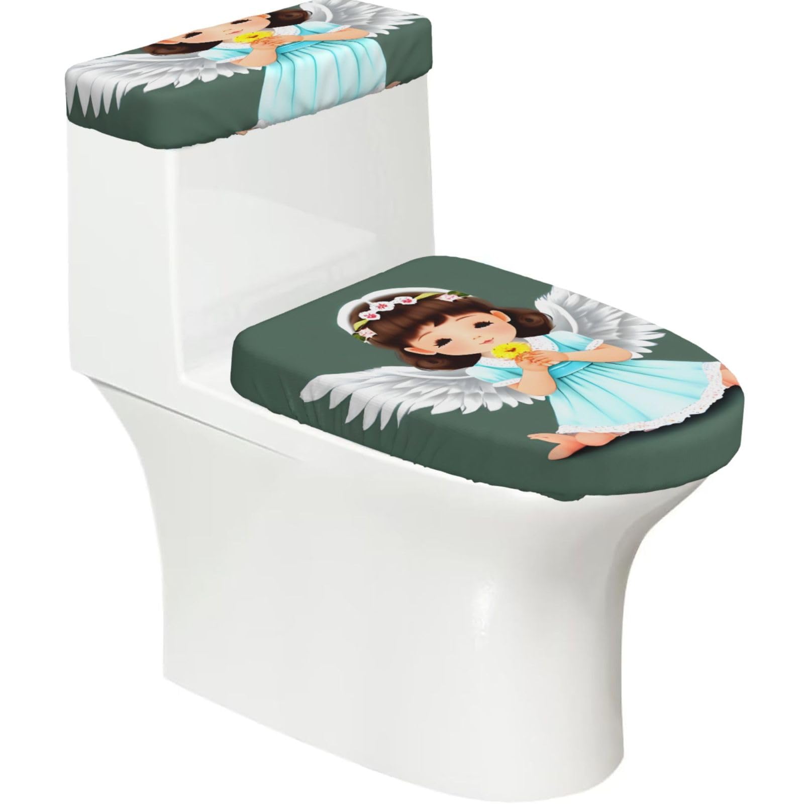 Cntdbu Black Cute Little Angel Stretchy Toilet Lid And Tank Cover Set-Soft Elastic Bathroom Decor For U Shape Oval