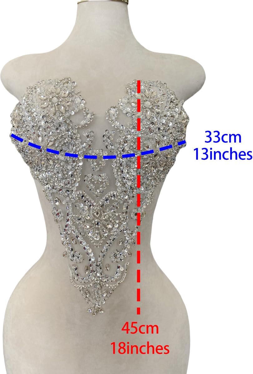 Handmade Silver Glass Rhinestones Bodice lace Applique Hand Sewing Beaded Sequins Trim Patches for Dress Clothes Skirts Multiple Design Styles Accessories (V)