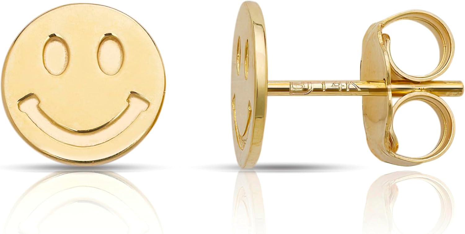 Olivia's Collection 14k Yellow Solid Gold Smiley Face Push Back Stud Earrings, Piercing to the Lobe, Upper-Lobe for a Woman, Man, and Teens.