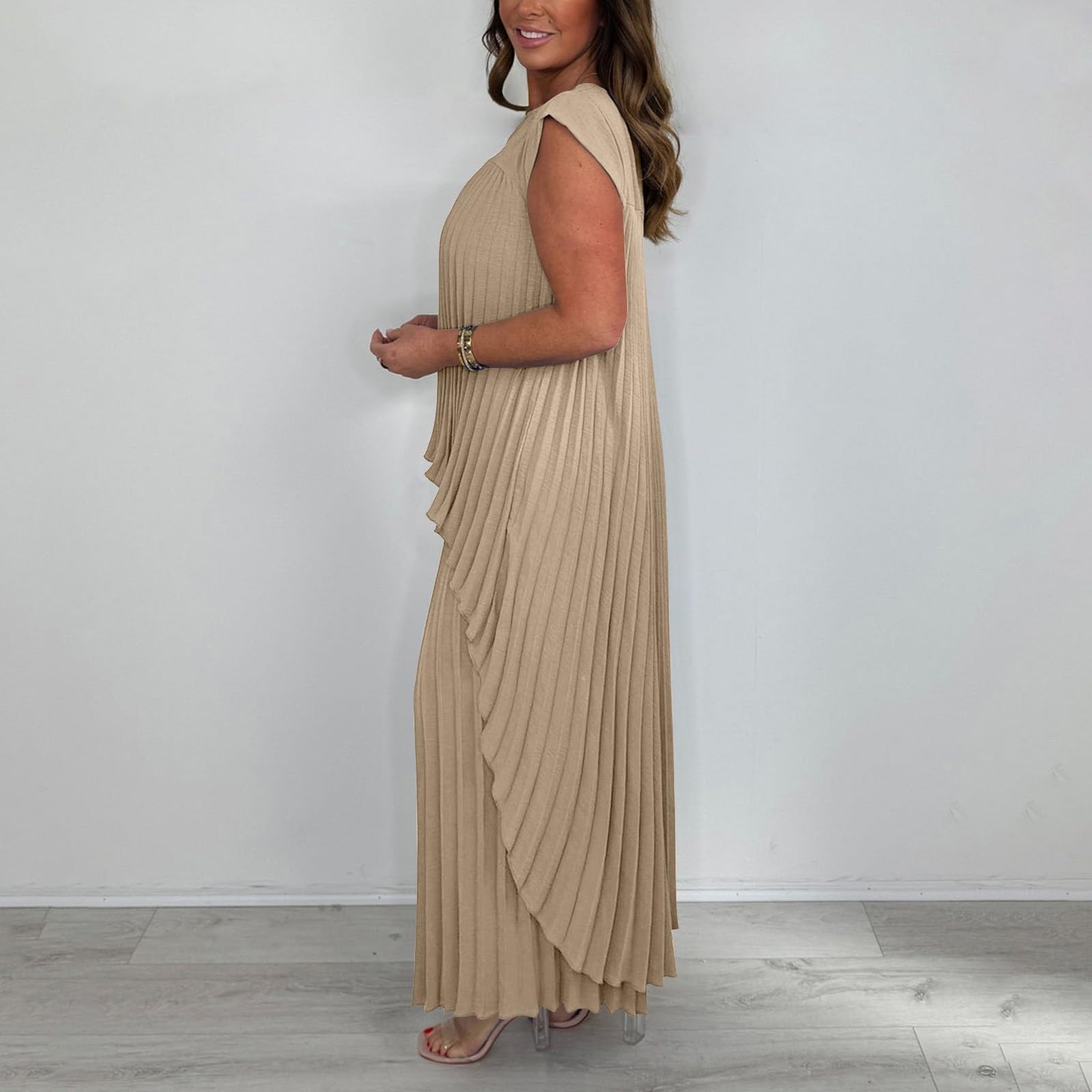 2 Teiler Damen Elegant Set Plissiertem, Kurzärmeligem, Unregelmäßigem Midi-Oberteil Und Hose Mit Weitem Bein Elastischem Bund Airport Outfit Women Hosen Anzug Große Größen Ballkleider