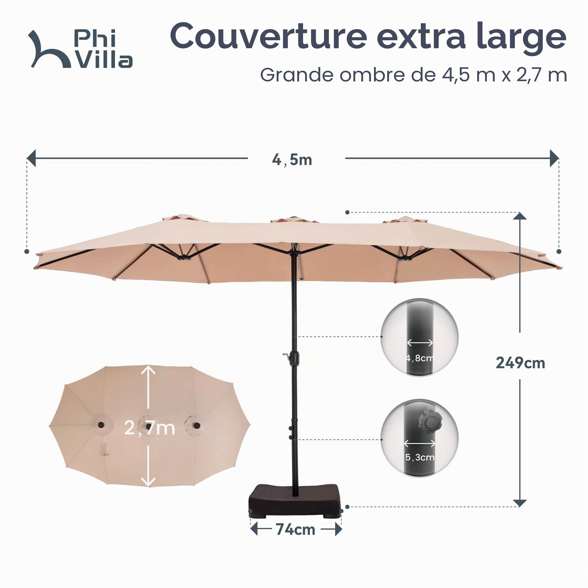 PHI VILLA Parasol de balcon rectangulaire 450 x 270 cm avec support