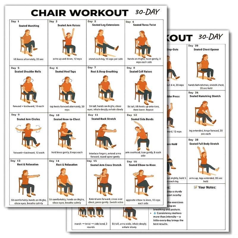30-Day Chair Workout Poster Seated Exercise Chart for Seniors and Beginners Low Impact Yoga & Stretching Routine for Home Gym