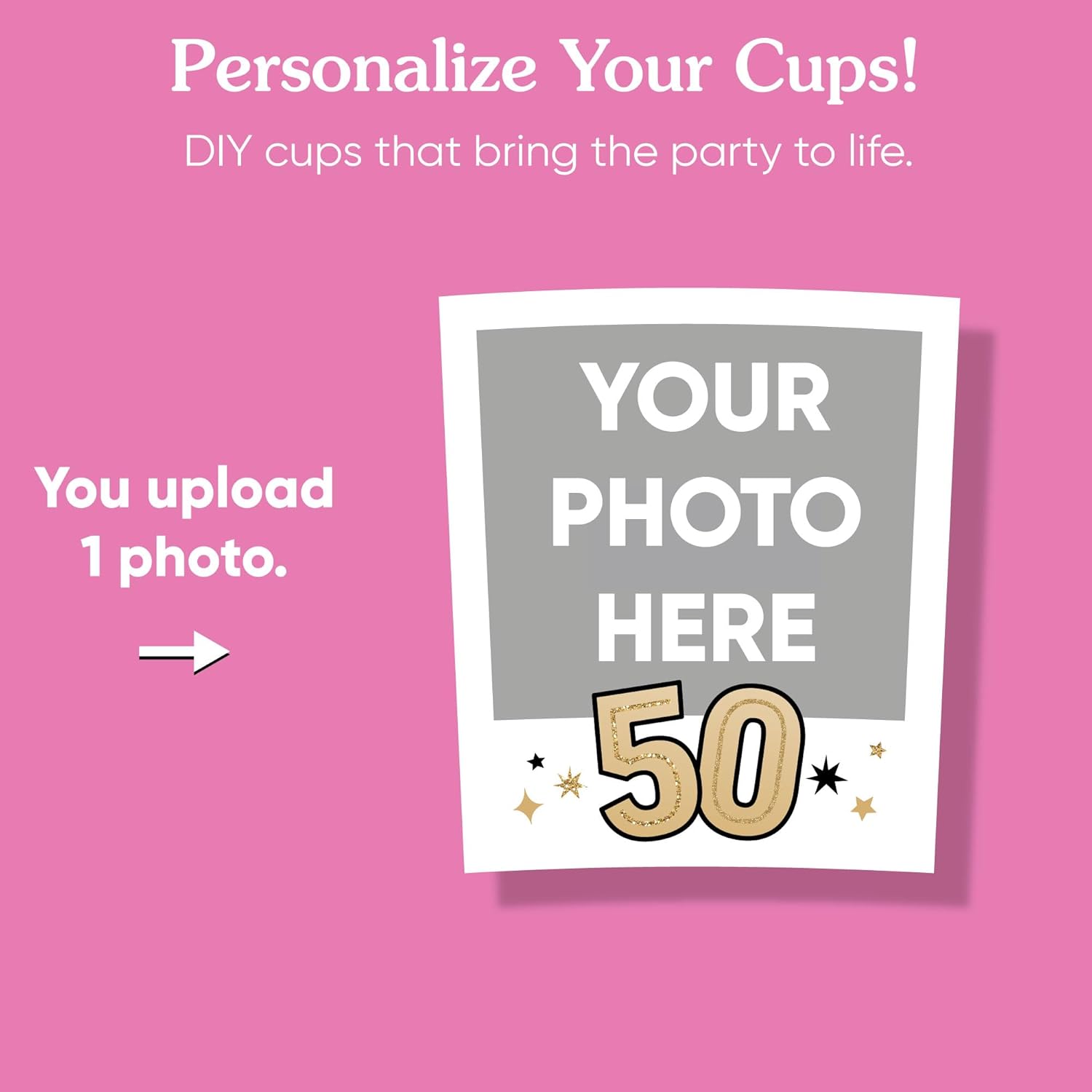 Big Dot of Happiness Custom Adult 50th Birthday Cups, 16oz Disposable Drinkware, Funny Milestone Birthday Party Table Decor, Custom Party Cups (Black) & Personalized Photo Stickers - 16 Pack