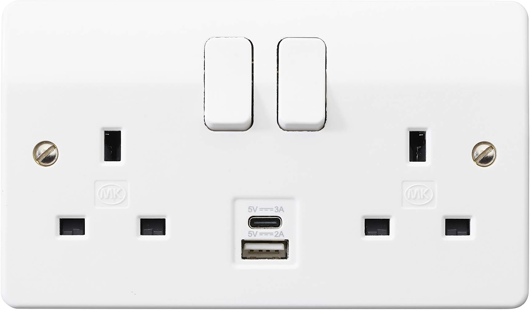 MK (ELECTRIC) Logic Plus Double Socket (K2745WHI) with Dual USB Charging Ports type A and C, (2-Gang, 13A), white
