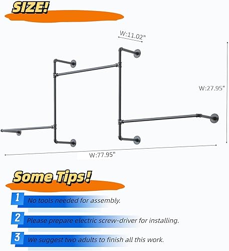 Miniatura 8 de Perchero industrial para ropa de pared con rieles de ropa de tubería, barras colgantes de ropa resistente, organizador de armario que ahorra espacio