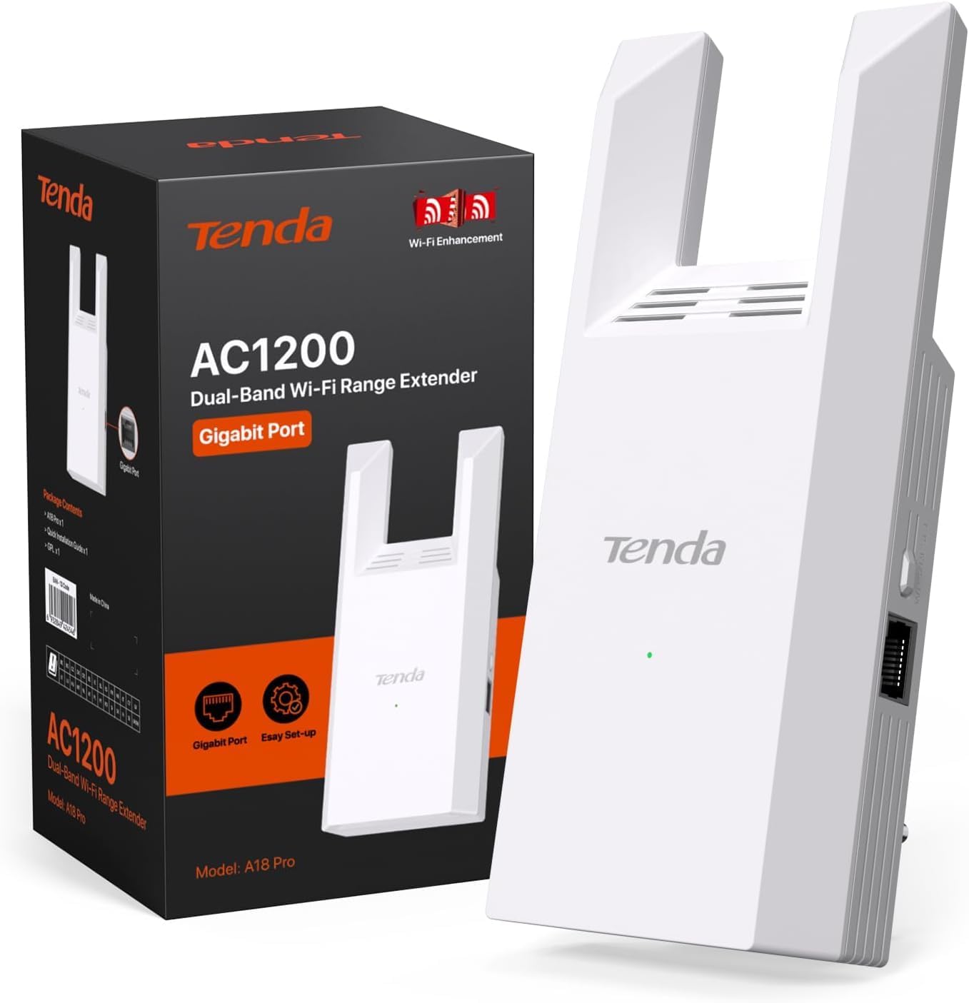 Tenda WiFi Extender AC1200 - WiFi Extender with Gigabit Ethernet Port, 1.2Gbps Home Signal Booster, Dual Band, Up to 150 m² & 32 Devices (A18Pro)