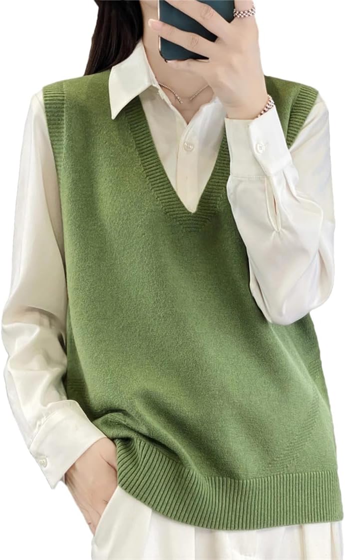 Autumn Winter Women's Wool Sweater V-Neck Pullover Vest Fashion Knitted Sleeveless Loose Woolen Sweater