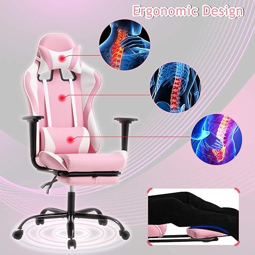 Miniatura 4 de Silla de oficina para videojuegos, silla de ordenador de respaldo alto, ergonómica para PC con soporte lumbar y reposapiés retráctil, de piel