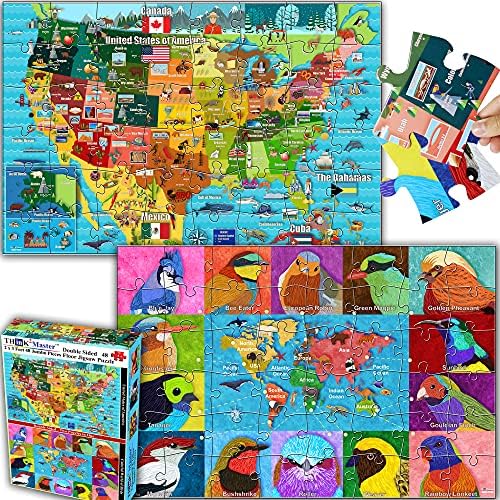 Think2Master USA Map & World Map of Birds Floor Jigsaw Puzzle. Double Sided 48 Jumbo Pieces (2 x 3 Feet) Fun Educational Toy for Kids, School & Families. Great Gift for Boys & Girls Ages 3-7