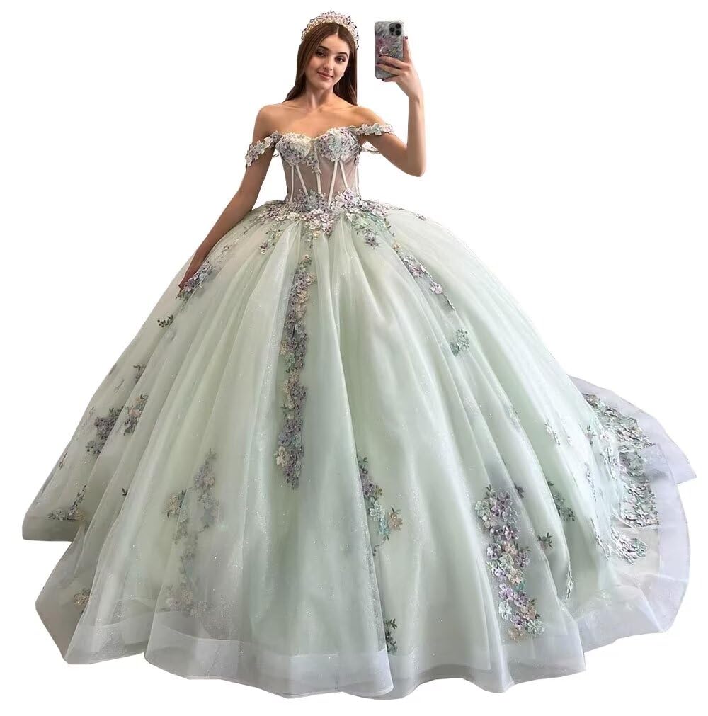 Mouccy Sparkly Lace Pearly Quinceanera Dresses Puffy Beaded Sweet 16 Ball Gown Tulle 3D Floral Off Shoulder Prom Gown XXF047