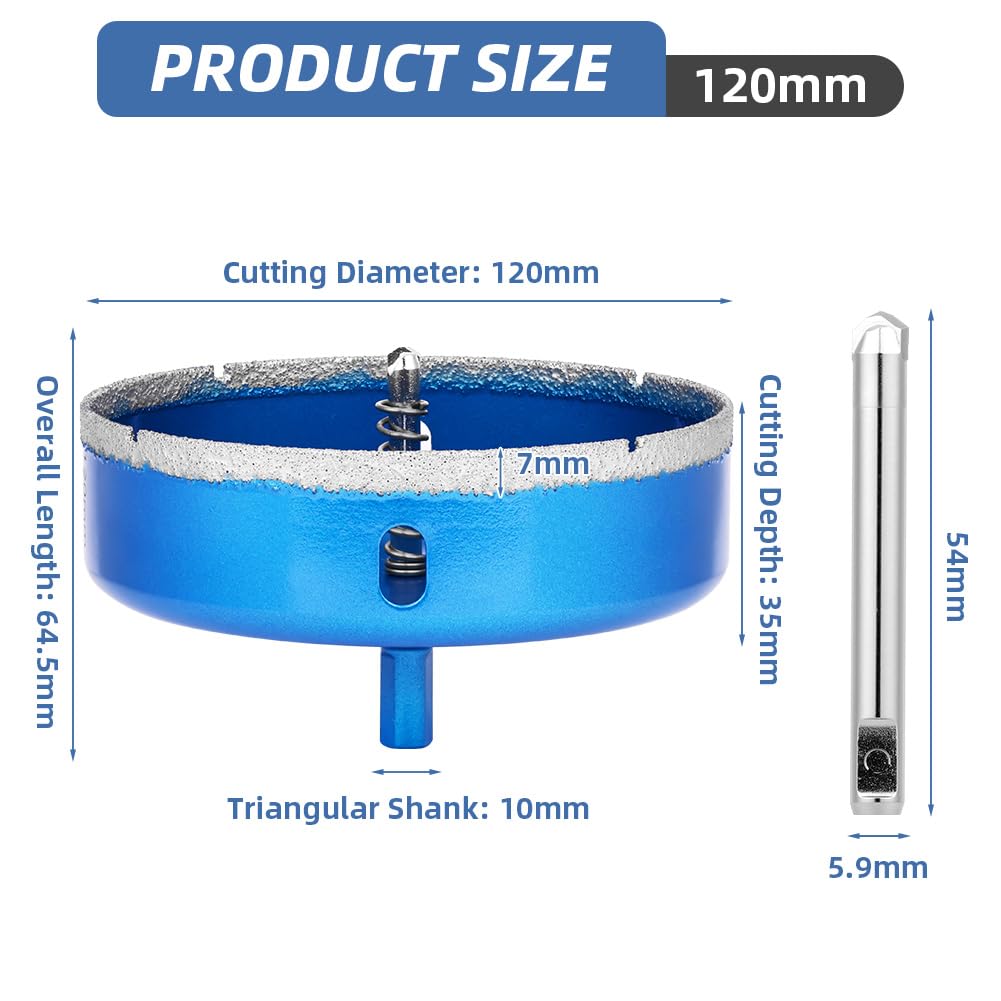 Flintronic 120mm Diamond Hole Saw with Pilot Center Drill Bit, Diamond Core Hole Cutter, Suitable for Glass Tile, Porcelain - Image 2