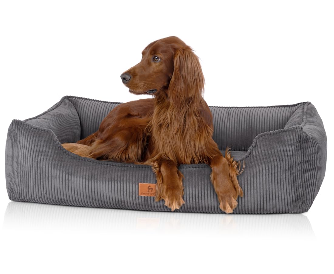 Knuffelwuff Nunavut S Orthopaedic Corduroy Dog Bed with Handwoven Character Grey 70 x 50 cm Removable Cover Washable for Large, Medium and Small Dogs